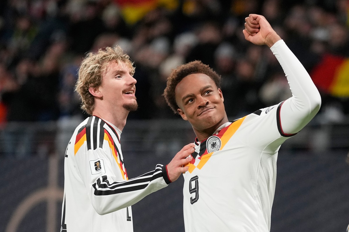 Germany's Assan Ouedraogo reacts after scoring during a group A World Cup qualifiying soccer match between Germany and Slovakia in Leipzig, Germany, Monday, Nov. 17, 2025. (AP Photo/Matthias Schrader)