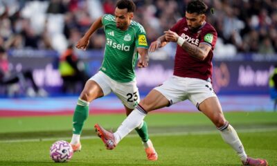 Newcastle United's Jacob Murphy, left, and West Ham United's Lucas Paqueta in action during the English Premier League soccer match between West Ham United and Newcastle United in London, Sunday Nov. 2, 2025. (John Walton/PA via AP)