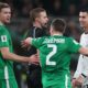 Referee Glenn Nyberg, second left, speaks with Portugal's Cristiano Ronaldo, right during a World Cup 2026 group F qualifying soccer match between Ireland and Portugal in Dublin, Thursday, Nov. 13, 2025. (AP Photo/Peter Morrison)