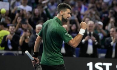 Novak Djokovic of Serbia celebrates after his win against Yannick Hanfmann of Germany during the ATP250 tennis tournament, in Athens, Greece, Friday, Nov. 7, 2025. (AP Photo/Thanassis Stavrakis)
