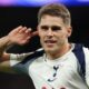 Tottenham's Micky van de Ven celebrates after scoring his side's third goal during the Champions League opening phase soccer match between Tottenham and Copenhagen, in London, England, Tuesday, Nov. 4, 2025. (AP Photo/Ian Walton)