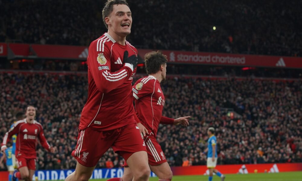 Liverpool's Florian Wirtz celebrates after scoring his side's second goal during the English Premier League soccer match between Liverpool and Wolverhampton Wanderers in Liverpool, Sunday, Dec. 27, 2025. (AP Photo/Ian Hodgson)