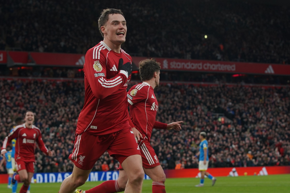Liverpool's Florian Wirtz celebrates after scoring his side's second goal during the English Premier League soccer match between Liverpool and Wolverhampton Wanderers in Liverpool, Sunday, Dec. 27, 2025. (AP Photo/Ian Hodgson)