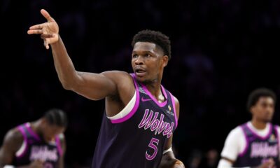Minnesota Timberwolves guard Anthony Edwards celebrates his three-point basket against the Oklahoma City Thunder during the second half of an NBA basketball game Friday, Dec. 19, 2025, in Minneapolis. (AP Photo/Matt Krohn)