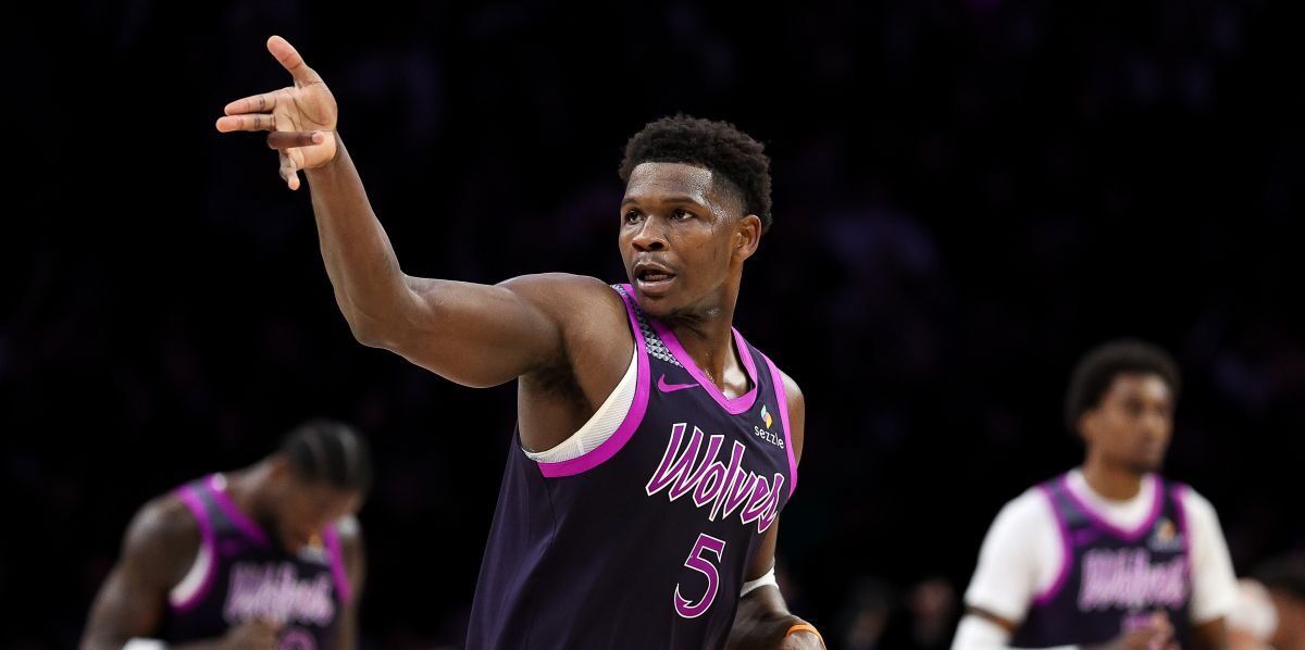 Minnesota Timberwolves guard Anthony Edwards celebrates his three-point basket against the Oklahoma City Thunder during the second half of an NBA basketball game Friday, Dec. 19, 2025, in Minneapolis. (AP Photo/Matt Krohn)