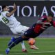 Cagliari's Michael Folorunsho, right, falls after an action with Roma's Mehmet Zeki Çelik, during a Serie A soccer match between Cagliari and Roma, in Cagliari, Italy, Sunday, Dec. 7, 2025. (Gianluca Zuddas/LaPresse via AP)