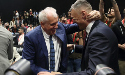 ZELIMIR OBRADOVIC ZELJKO trener Partizana i SARUNAS JASIKEVICIUS trener Barselone pres konferencija Fajnal for Evrolige F4 u hali Stark Beogradska arena, Beograd 18.05.2022. godine Foto: Marko Metlas Kosarka, Fajnal for F4, Evroliga, Pres konferencija