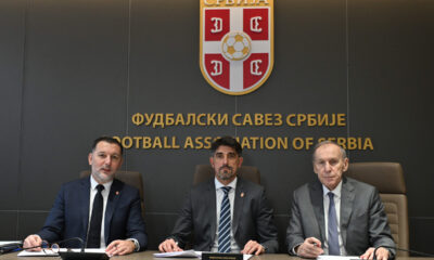 BRANKO RADUJKO sekretar FSS, VELJKO PAUNOVIC selektor i trener, DRAGAN DZAJIC predsednik FSS fudbalske reprezentacije Srbije potpisivanje ugovora u sportskom centru FSS, Stara Pazova 04.12.2025. godine Foto: Marko Metlas Fudbal, Srbija
