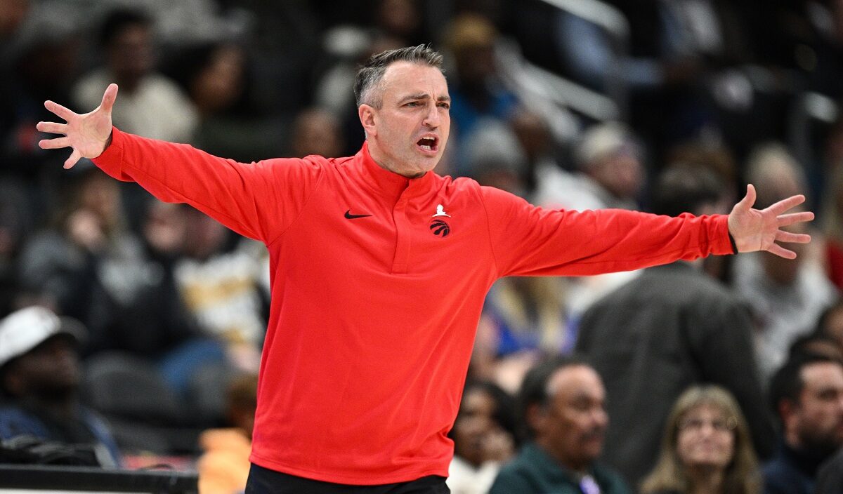 Toronto Raptors head coach Darko Rajakovic gestures during the second half of an NBA basketball game against the Washington Wizards, Friday, Dec. 26, 2025, in Washington. (AP Photo/Nick Wass)