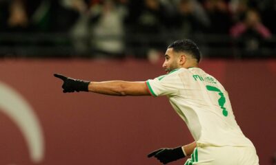 Algeria's Riyad Karim Mahrez celebrates after scoring his side's first goal during the Africa Cup of Nations group E soccer match between Algeria and Burkina Faso in Fez, Morocco, Sunday, Dec. 28, 2025. (AP Photo/Mosa'ab Elshamy)