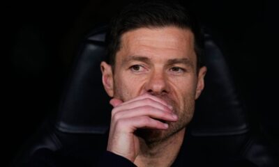 Real Madrid's head coach Xabi Alonso sits at the bench before a Champions League opening phase soccer match between Real Madrid and Manchester City, in Madrid, Spain, Wednesday, Dec. 10, 2025. (AP Photo/Manu Fernandez)