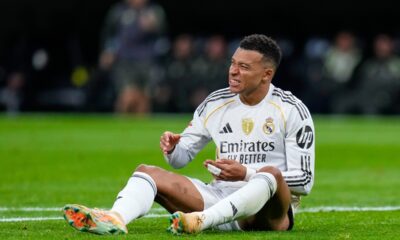 Real Madrid's Kylian Mbappe reacts during the Spanish La Liga soccer match between Real Madrid and Celta Vigo in Madrid, Spain, Sunday, Dec. 7, 2025. (AP Photo/Manu Fernandez)