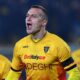 Lecce's Nikola Štulić (9) celebrates after scoring the team's first goal during a Serie A soccer match between US Lecce and Pisa Sportin Club 1909, Friday, Dec. 12, 2025, in Lecce, Italy. (Giovanni Evangelista/LaPresse via AP)