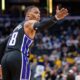Sacramento Kings guard Russell Westbrook reacts after scoring during the first half of an NBA basketball game against the Indiana Pacers in Indianapolis, Monday, Dec. 8, 2025. (AP Photo/Doug McSchooler)