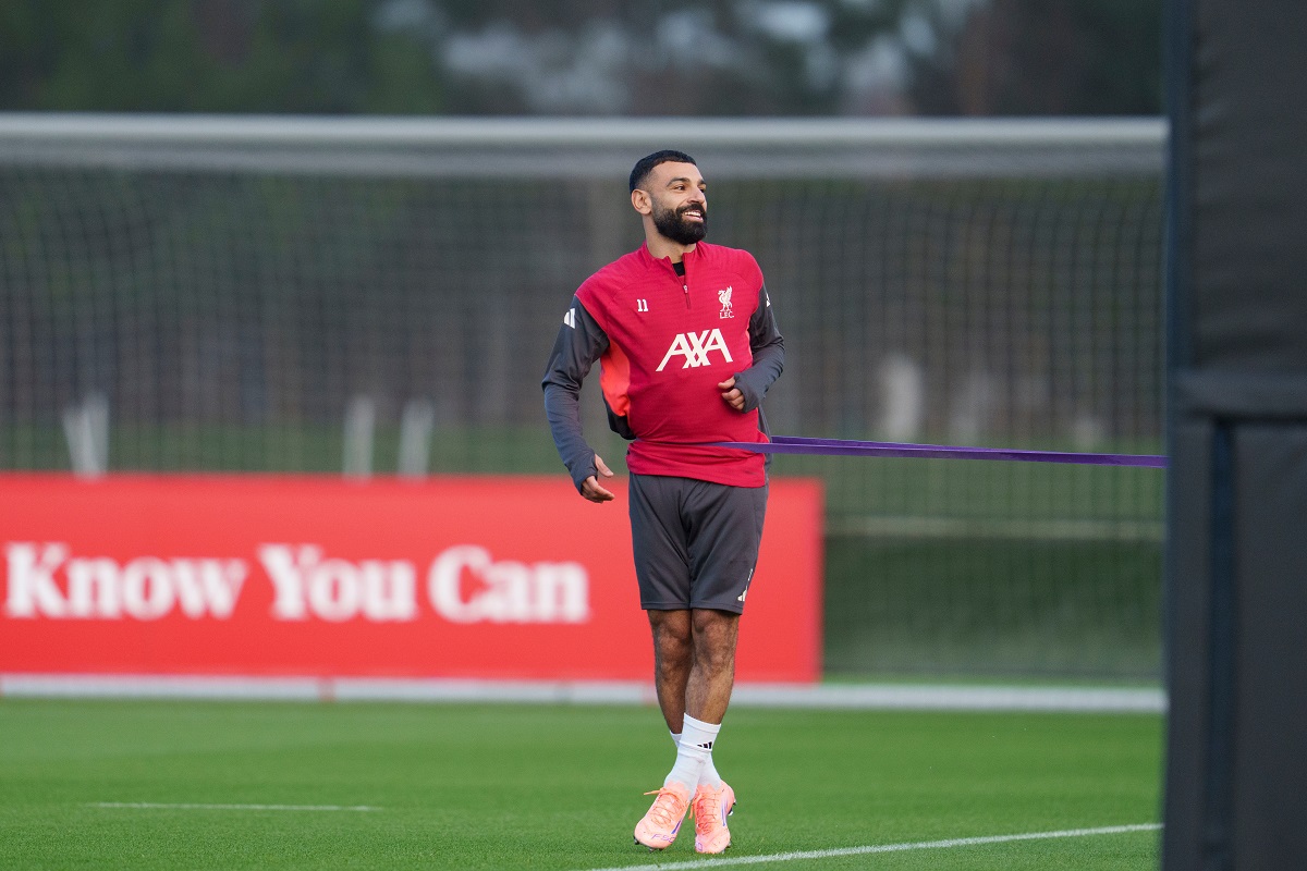 Liverpool's Mohamed Salah smiles as he takes part in a training session in Liverpool, England, Monday, Dec. 8, 2025. (AP Photo/Jon Super)