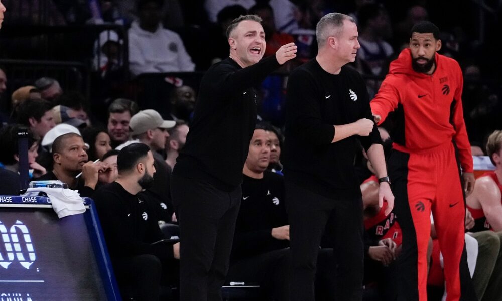 Toronto Raptors head coach Darko Rajakovic gestures from the sidelines during the first half of an NBA basketball game against New York Knicks, Sunday, Nov. 30, 2025, in New York. (AP Photo/Yuki Iwamura)