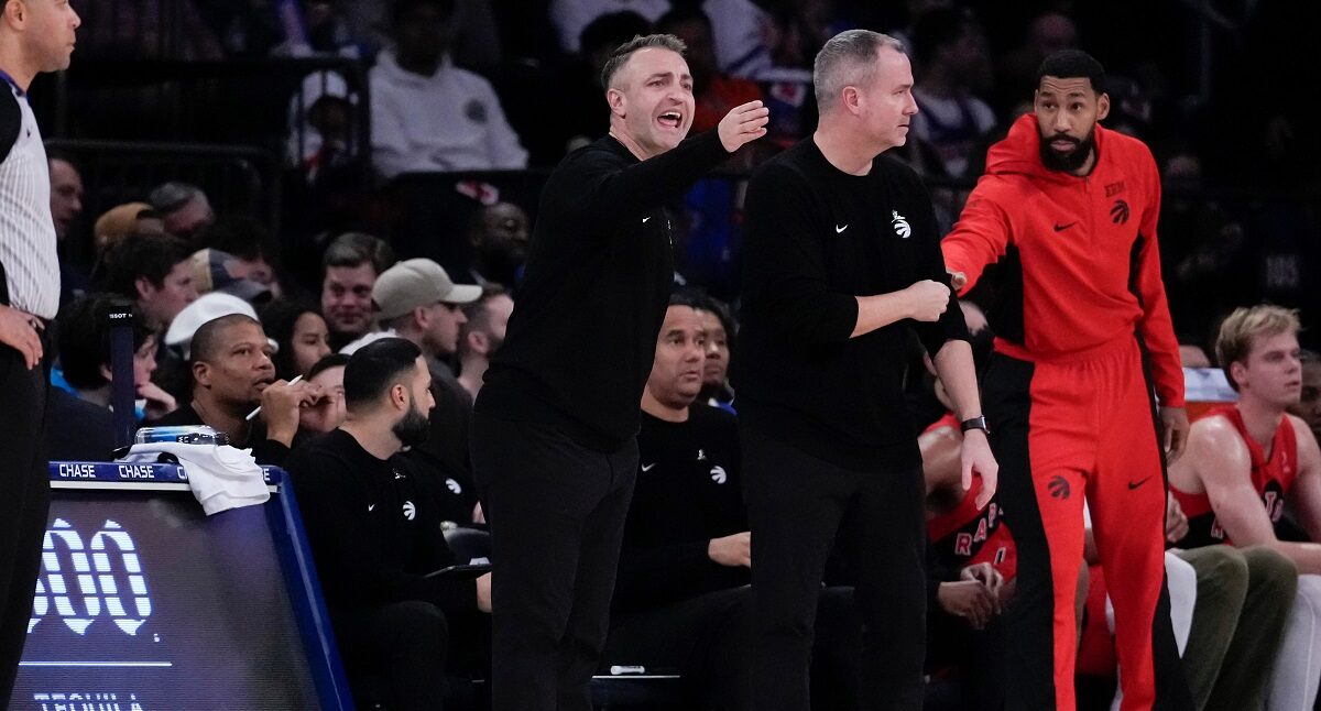 Toronto Raptors head coach Darko Rajakovic gestures from the sidelines during the first half of an NBA basketball game against New York Knicks, Sunday, Nov. 30, 2025, in New York. (AP Photo/Yuki Iwamura)