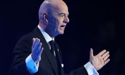 FIFA President Gianni Infantino speaks during the draw for the 2026 soccer World Cup at the Kennedy Center in Washington, Friday, Dec. 5, 2025. (Dan Mullan/Pool Photo via AP)
