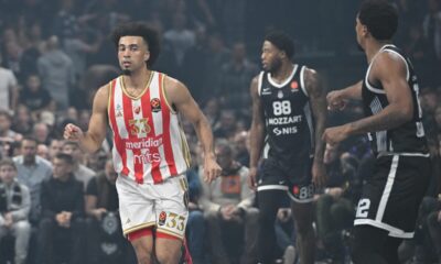 kosarkas Crvene zvezde na utakmici Evrolige protiv Partizana u hali Beogradska arena, Beograd 12.12.2025. godine Foto: Marko Metlas Kosarka, Partizan, Evroliga, Crvena zvezda