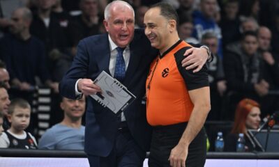 EMIN MOGULKOC sudija i ZELIMIR OBRADOVIC ZELJKO trener kosarkas Partizana na utakmici Evrolige protiv Makabija Tel Aviv u hali Beogradska arena, Beograd 03.01.2025. godine Foto: Marko Metlas Kosarka, Partizan, Evroliga, Makabi Tel Aviv