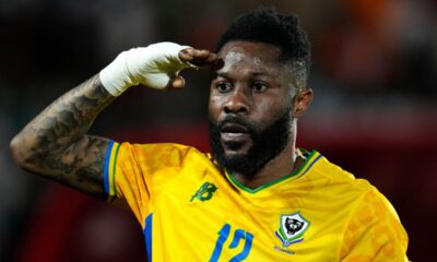 Gabon's Guelor Kanga celebrates after scoring during the Africa Cup of Nations group F soccer match between Gabon and Ivory Coast, in Marrakech, Morocco, Wednesday, Dec. 31, 2025. (AP Photo/Themba Hadebe)
