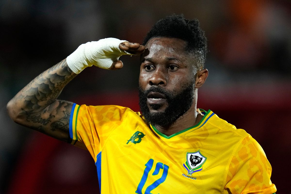 Gabon's Guelor Kanga celebrates after scoring during the Africa Cup of Nations group F soccer match between Gabon and Ivory Coast, in Marrakech, Morocco, Wednesday, Dec. 31, 2025. (AP Photo/Themba Hadebe)