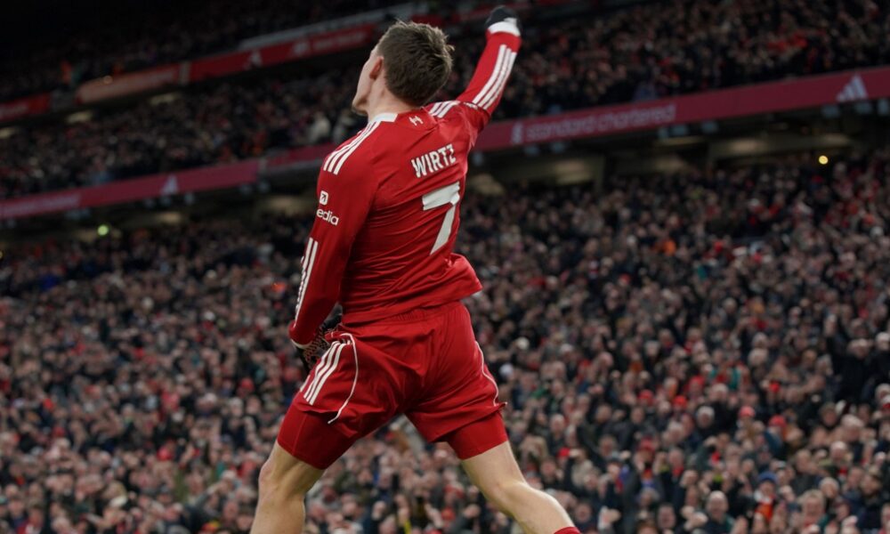 Liverpool's Florian Wirtz celebrates after scoring his side's second goal during the English Premier League soccer match between Liverpool and Wolverhampton Wanderers in Liverpool, Sunday, Dec. 27, 2025. (AP Photo/Ian Hodgson)