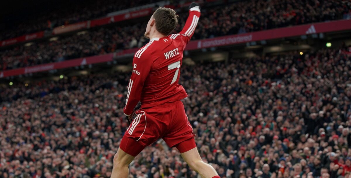 Liverpool's Florian Wirtz celebrates after scoring his side's second goal during the English Premier League soccer match between Liverpool and Wolverhampton Wanderers in Liverpool, Sunday, Dec. 27, 2025. (AP Photo/Ian Hodgson)