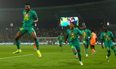 FILE - Senegal's Habib Diallo, left, celebrates after scoring his side's opening goal during the African Cup of Nations round of 16 soccer match between Senegal and Ivory Coast, at the Charles Konan Banny stadium in Yamoussoukro, Ivory Coast, Jan. 29, 2024. (AP Photo/Themba Hadebe, File)