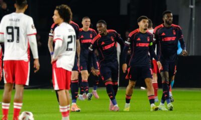 Nottingham Forest's Igor Jesus, second right, celebrates with teammates after scoring his side's second goal during the Europa League opening phase soccer match between Utrecht and Nottingham Forest, in Utrecht, Netherlands, Thursday, Dec. 11, 2025. (AP Photo/Patrick Post)