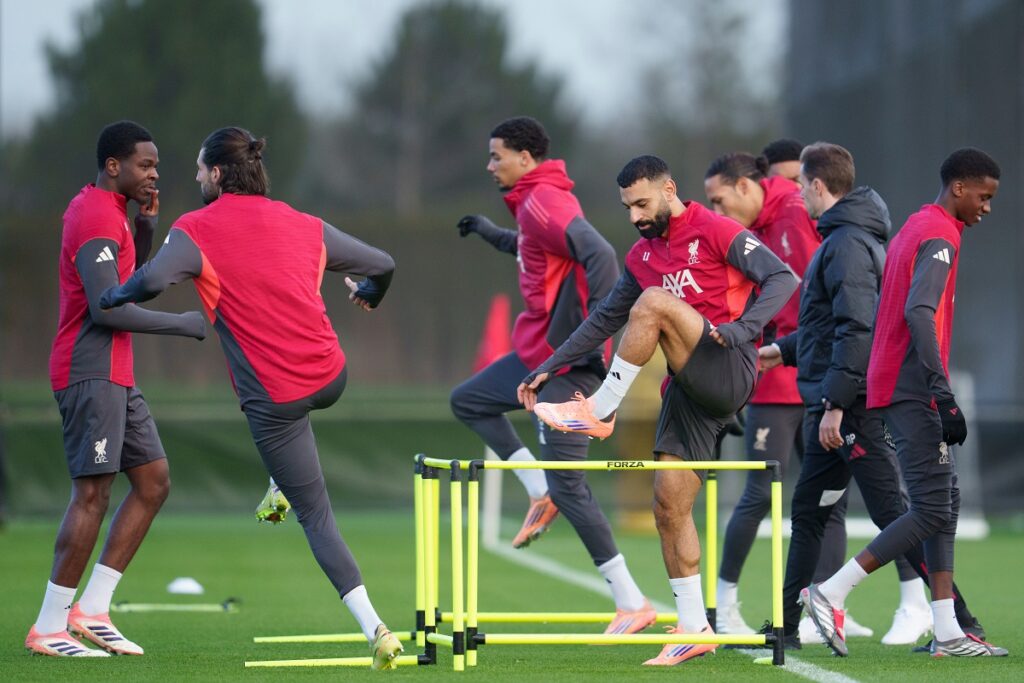 Liverpool's Mohamed Salah, centre right, takes part in a training session in Liverpool, England, Monday, Dec. 8, 2025. (AP Photo/Jon Super)