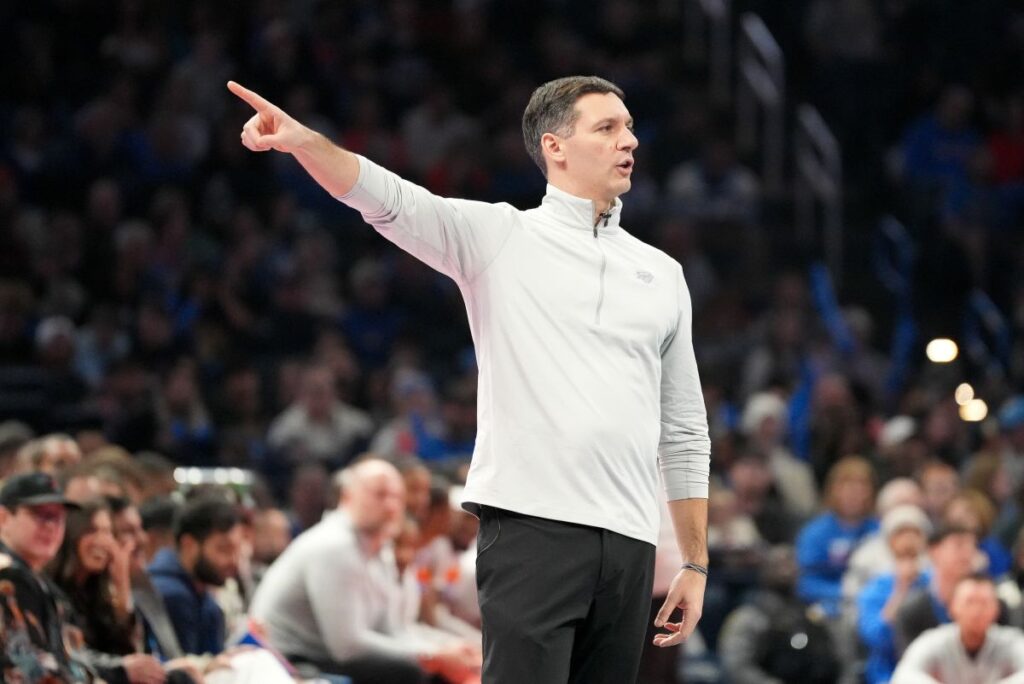 Oklahoma City Thunder head coach Mark Daigneault gives instructions during the second half of an NBA Cup basketball game against the Phoenix Suns, Wednesday, Dec. 10, 2025, in Oklahoma City. (AP Photo/Kyle Phillips)
