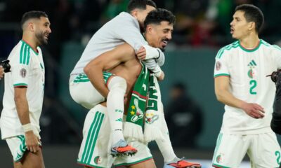 Algeria players celebrate after the Africa Cup of Nations round of 16 soccer match between Algeria and DR Congo in Rabat, Morocco, Tuesday, Jan. 6, 2026. (AP Photo/Mosa'ab Elshamy)