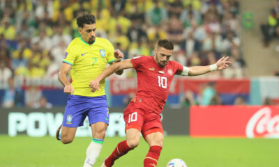 DUSAN TADIC fudbaler reprezentacije Srbije na utakmici FIFA Svetskog prvenstva 2022 protiv LUCAS PAQUETA Lukas Paketa iz Brazila na stadionu Lusail, Doha, 24.11.2022. godine Foto: Marko Metlas Fudbal, Srbija, Brazil, FIFA Svetsko prvenstvo 2022, Katar