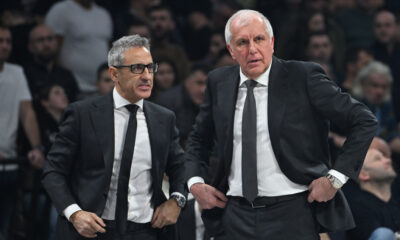 JOSEP MARIA IZQUIERDO IBANEZ Hose Maria Izkjerdo Ibanez pomocni trener i ZELIMIR OBRADOVIC ZELJKO trener kosarkasa Partizana na utakmici Evrolige protiv Fenerbahcea Istanbul u hali Beogradska arena, Beograd 27.12.2024. godine Foto: Marko Metlas Kosarka, Partizan, Evroliga, Fenerbahce Istanbul