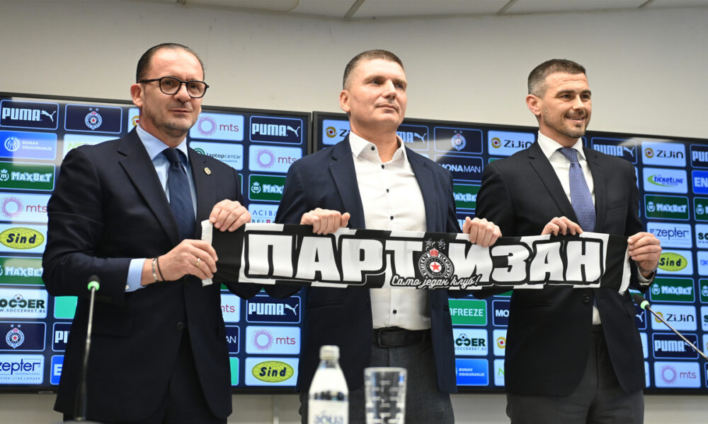 PREDRAG MIJATOVIC, SRDJAN BLAGOJEVIC, DANKO LAZOVIC, na promociji trenera u FK Partizan, na stadionu JNA. Beograd, 08.01.2025. foto: Nebojsa Parausic Fudbal, Partizan