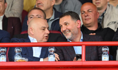 DRAGOLJUB ZBILJIC predsednik Vojvodine i BRANKO RADUJKO sekretar FSS fudbaleri Vojvodine Novi Sad na utakmici polufinala Kupa Srbije protiv TSC Backa Topola na stadionu Karadjordje, Novi Sad 07.05.2025. godine Foto: Marko Metlas Fudbal, TSC Backa Topola, Kup Srbije, Vojvodina Novi Sad