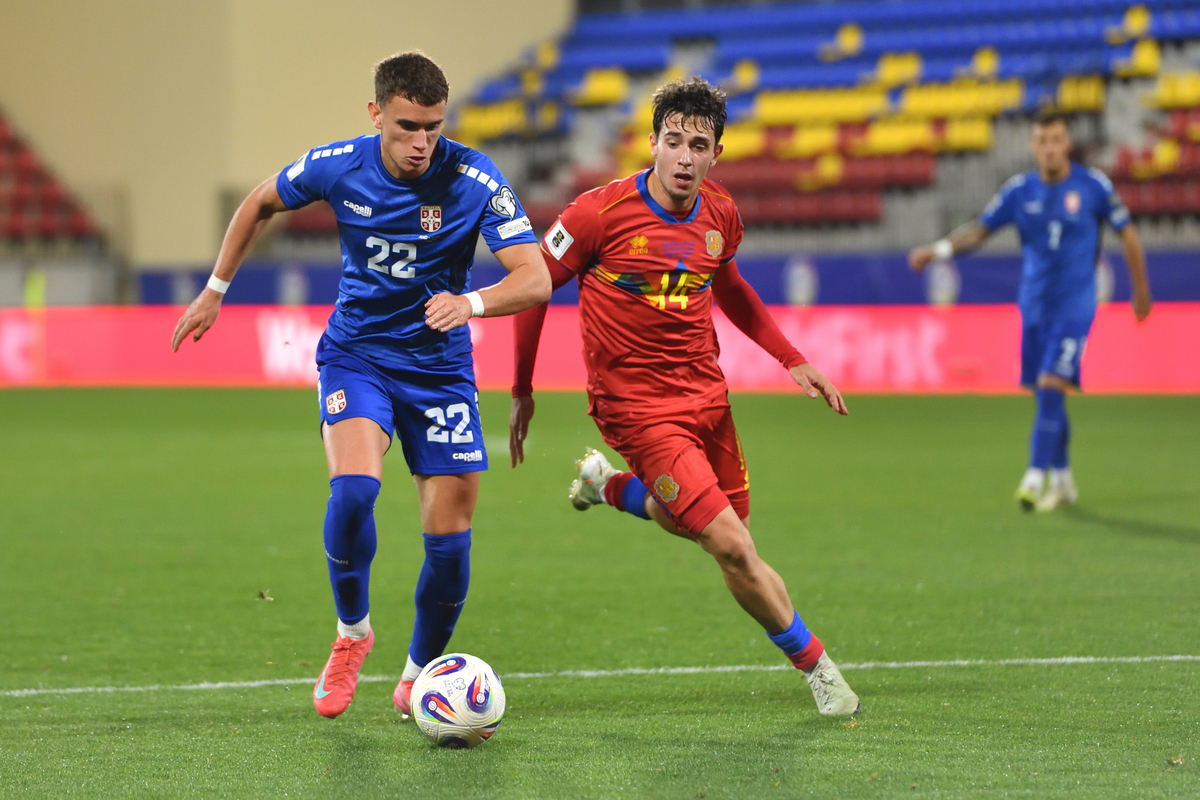 STEFAN MITROVIC fudbaler reprezentacije Srbije na utakmici kvalifikacija za FIFA Svetsko prvenstvo protiv ARON RODRIGO iz Andore na stadionu Estadi FAF Enkamp, Andora 14.10.2025. godine Foto: Marko Metlas Fudbal, Reprezentacija, Srbija, Andora, Kvalifikacije za Svetsko prvenstvo