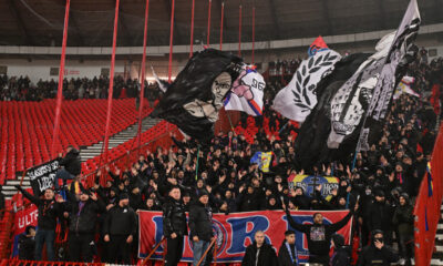 NAVIJACI fudbalera FCSB Steaua Bukurest na utakmici UEFA Lige Evropa protiv Crvene zvezde na stadionu Rajko Mitic, Beograd 27.11.2025. godine Foto: Marko Metlas Fudbal, Crvena zvezda, UEFA Liga Evropa, FCSB Steaua Bukurest
