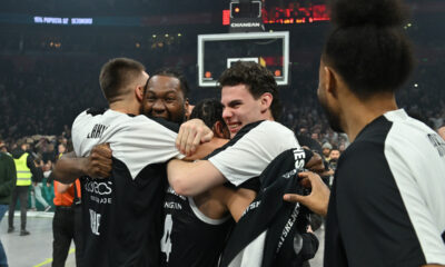ARIJAN LAKIC, BRUNO FERNANDO, MITAR BOSNJAKOVIC RADOST kosarkasa Partizana na utakmici Evrolige protiv Crvene zvezde u hali Beogradska arena, Beograd 12.12.2025. godine Foto: Marko Metlas Kosarka, Partizan, Evroliga, Crvena zvezda