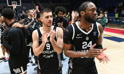 VANJA MARINKOVIC, BRUNO FERNANDO kosarkasi Partizana na utakmici ABA lige protiv Splita, u hali Aleksandar Nikolic. Beograd, 28.12.2025. foto: Nebojsa Parausic Kosarka, ABA League, Partizan, Split