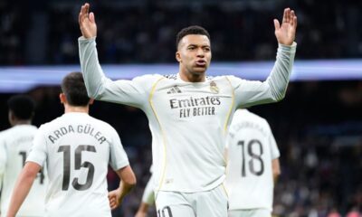 Real Madrid's Kylian Mbappe celebrates after scoring the opening goal during the Spanish La Liga soccer match between Real Madrid and Levante in Madrid, Spain, Saturday, Jan. 17, 2026. (AP Photo/Jose Breton)