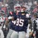 New England Patriots defensive tackle Khyiris Tonga (95) celebrates after sacking Houston Texans quarterback C.J. Stroud during the second half of an NFL divisional playoff football game, Sunday, Jan. 18, 2026, in Foxborough, Mass. (AP Photo/Mark Stockwell)