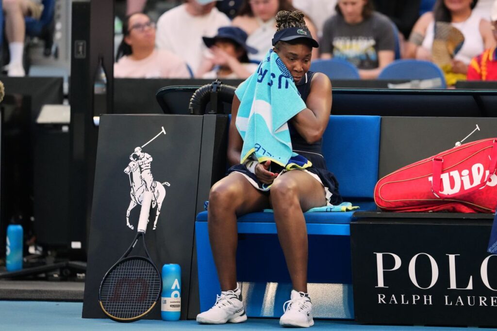 Venus Williams of the U.S. rests between games during her first round match against Olga Danilovic of Serbia at the Australian Open tennis championship in Melbourne, Australia, Sunday, Jan. 18, 2026. (AP Photo/Aaron Favila)