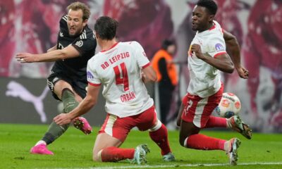 Bayern's Harry Kane scores his side's second goal during the Bundesliga soccer match between RB Leipzig and FC Bayern Munich in Leipzig, Germany, Saturday, Jan. 17, 2026. (AP Photo/Matthias Schrader)