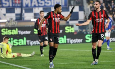 AC Milan's Christopher Nkunku celebrates scoring during the Serie A soccer match between Como and Milan in Como, Italy, Thursday Jan. 15, 2026. (Antonio Saia/LaPresse via AP)