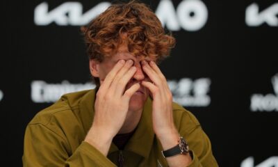 Jannik Sinner of Italy reacts during a press conference following his semifinal loss to Novak Djokovic of Serbia at the Australian Open tennis championship in Melbourne, Australia, Saturday, Jan. 31, 2026. (AP Photo/Dita Alangkara)