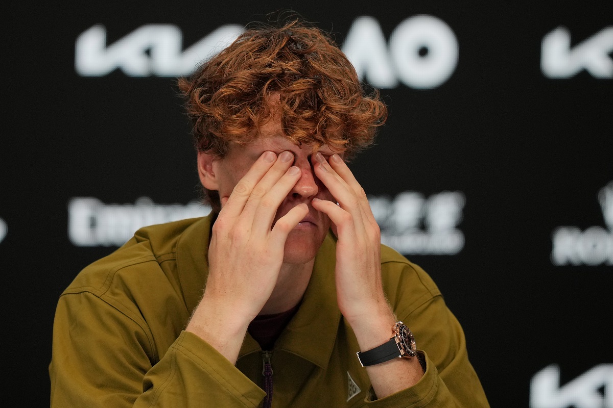 Jannik Sinner of Italy reacts during a press conference following his semifinal loss to Novak Djokovic of Serbia at the Australian Open tennis championship in Melbourne, Australia, Saturday, Jan. 31, 2026. (AP Photo/Dita Alangkara)