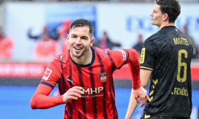 Heidenheim's Marvin Pieringer celebrates scoring during the Bundesliga soccer match between FC Heidenheim and FC Köln in Heidenheim, Germany, Saturday Jan. 10, 2026. (Harry Langer/dpa via AP)
