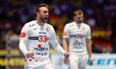 Croatia's Luka Cindric celebrates a goal during the European Championship handball match between Croatia and Georgia, in Malmo, Sweden, Saturday Jan. 17, 2026. (Andreas Hillergren/Ritzau Scanpix via AP)
